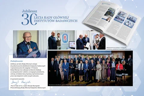 Plansza pamiątkowa z okazji jubileuszu 30-lecia Rady Głównej Instytutów Badawczych z fotografiami z uroczystości i tekstem podziękowań.