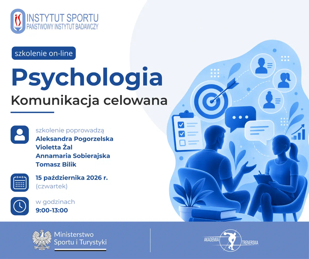 Plakat szkolenia on-line Akademii Trenerskiej i Instytutu Sportu – PIB: Psychologia – Komunikacja celowana, prowadzący: Aleksandra Pogorzelska, Violetta Żal, Annamaria Sobierajska, Tomasz Bilik, 15 października 2026 r., godz. 9:00–13:00