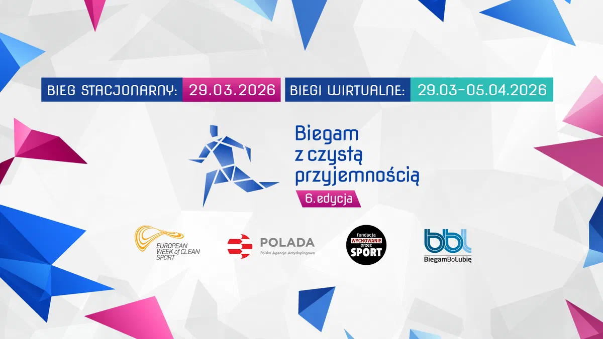 Plakat 5. edycji biegu „Biegam z czystą przyjemnością”: bieg stacjonarny 29.03.2026, biegi wirtualne 29.03–05.04.2026, logotypy POLADA i partnerów.