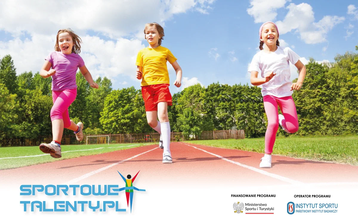 Grafika programu „Sportowe Talenty” (sportowetalenty.pl) z trojgiem dzieci biegnących po bieżni oraz logotypami MSiT, MEN i Instytutu Sportu – PIB.