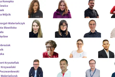 Slajd prezentacji ze zdjęciami portretowymi czternaściorga członków zespołu projektowego.