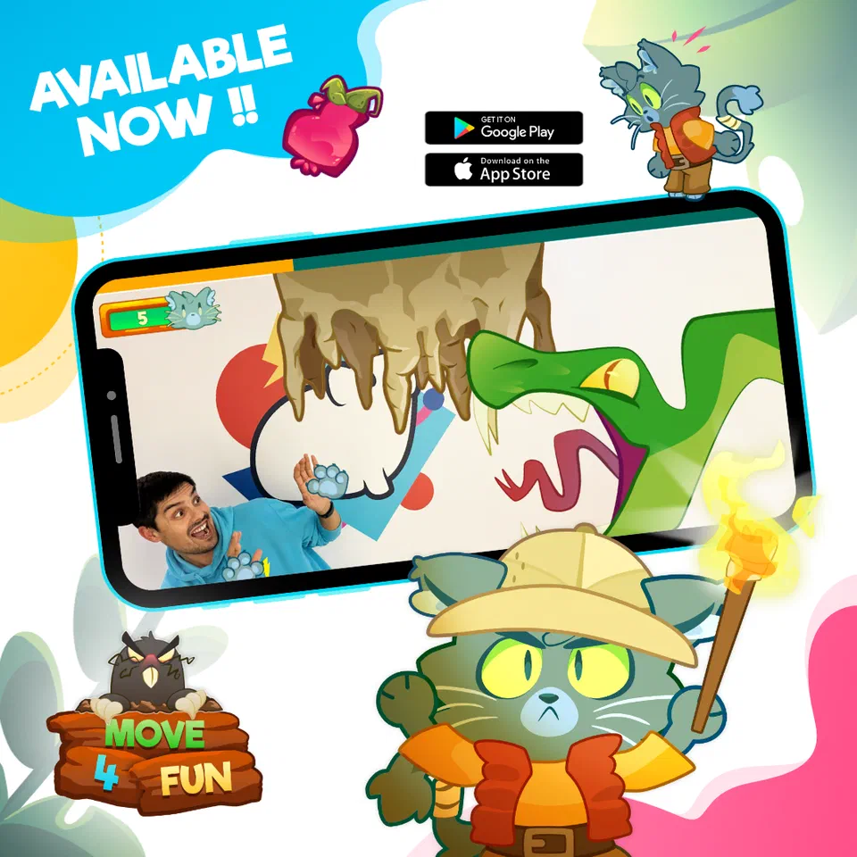 Grafika aplikacji Move4Fun pokazująca ekran smartfona z grą ruchową wykorzystującą kamerę oraz informację o dostępności w Google Play i App Store