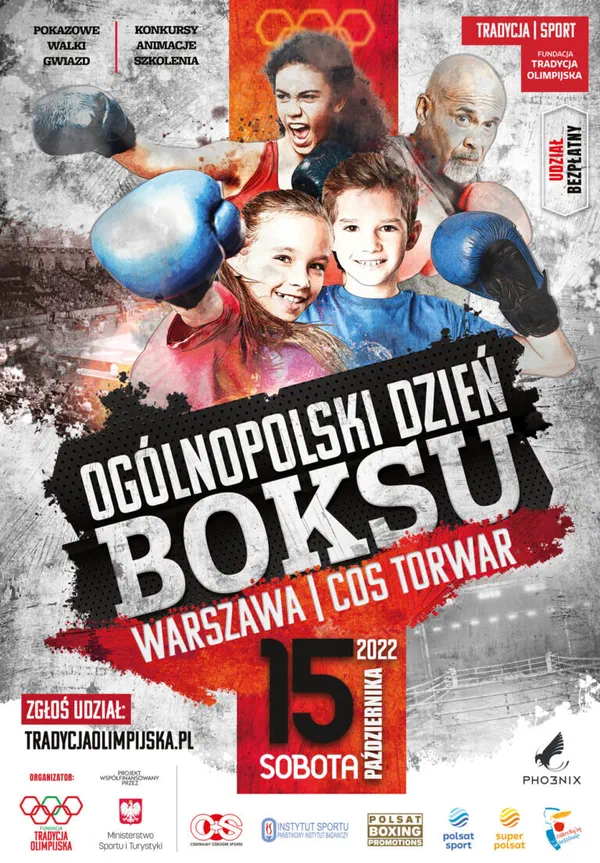 Pełny plakat „Ogólnopolskiego Dnia Boksu” w hali COS Torwar (15 października 2022 r.) z wizerunkami pięściarzy, informacją o bezpłatnym wstępie oraz logotypami organizatorów i partnerów, w tym Instytutu Sportu – PIB