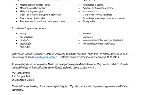 Pismo zapraszające na III Międzynarodowy Kongres Polskiego Towarzystwa Mięśni, Ścięgien i Więzadeł w Łodzi z wykazem tematów przewodnich