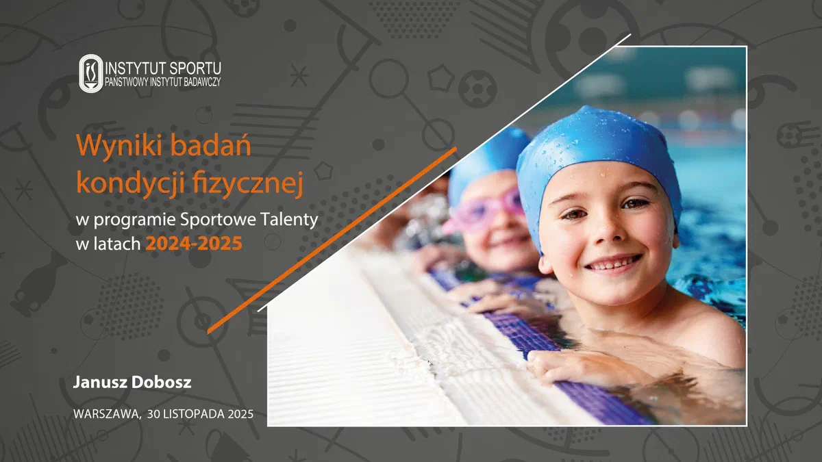 Slajd tytułowy raportu o wynikach badań kondycji fizycznej w programie Sportowe Talenty z zdjęciem uśmiechniętych dzieci w czepkach pływackich przy brzegu basenu.