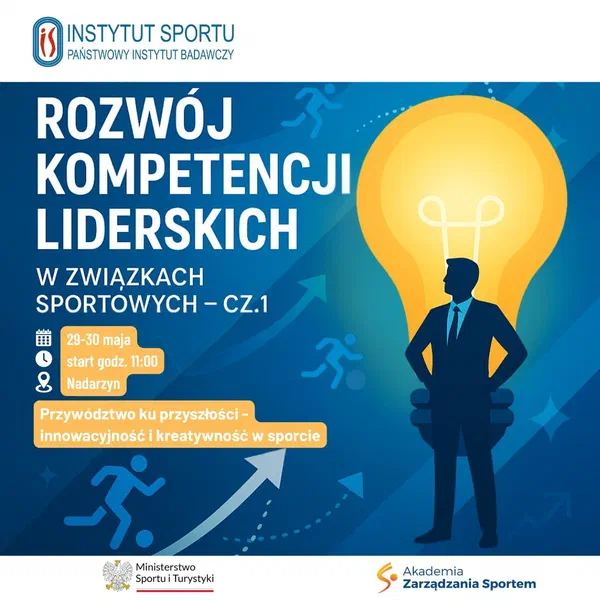 Plakat szkolenia Akademii Zarządzania Sportem: Rozwój kompetencji liderskich w związkach sportowych – cz. 1: Przywództwo ku przyszłości – innowacyjność i kreatywność w sporcie, 29–30 maja, Nadarzyn.