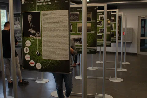 Pionowy kadr rzędu podświetlonych plansz wystawowych ustawionych w głębi sali