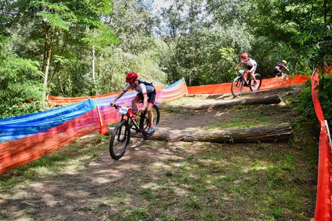 Zawodnicy pokonujący na rowerach górskich przeszkody z drewnianych bali na leśnym odcinku trasy