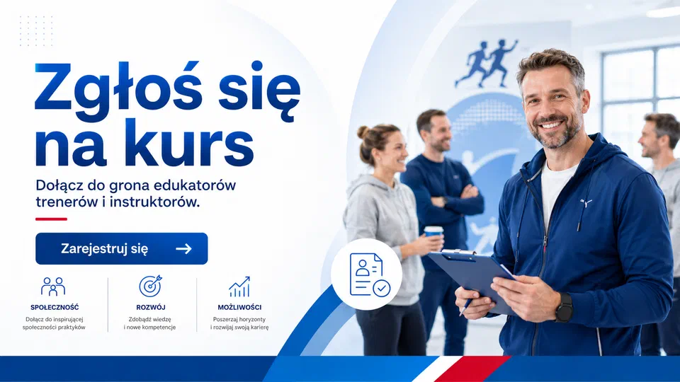 Grafika „Zgłoś się na kurs. Dołącz do grona edukatorów trenerów i instruktorów” — filary: Społeczność, Rozwój, Możliwości oraz uśmiechnięty prowadzący z podkładką do notowania na tle grupy uczestników