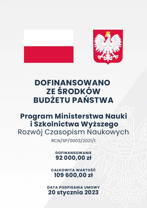 Plakat informacyjny: Dofinansowano ze środków budżetu państwa — Program Ministerstwa Nauki i Szkolnictwa Wyższego Rozwój Czasopism Naukowych, umowa RCN/SP/0003/2021/1 z 20 stycznia 2023 r., dofinansowanie 92 000,00 zł, całkowita wartość 109 600,00 zł